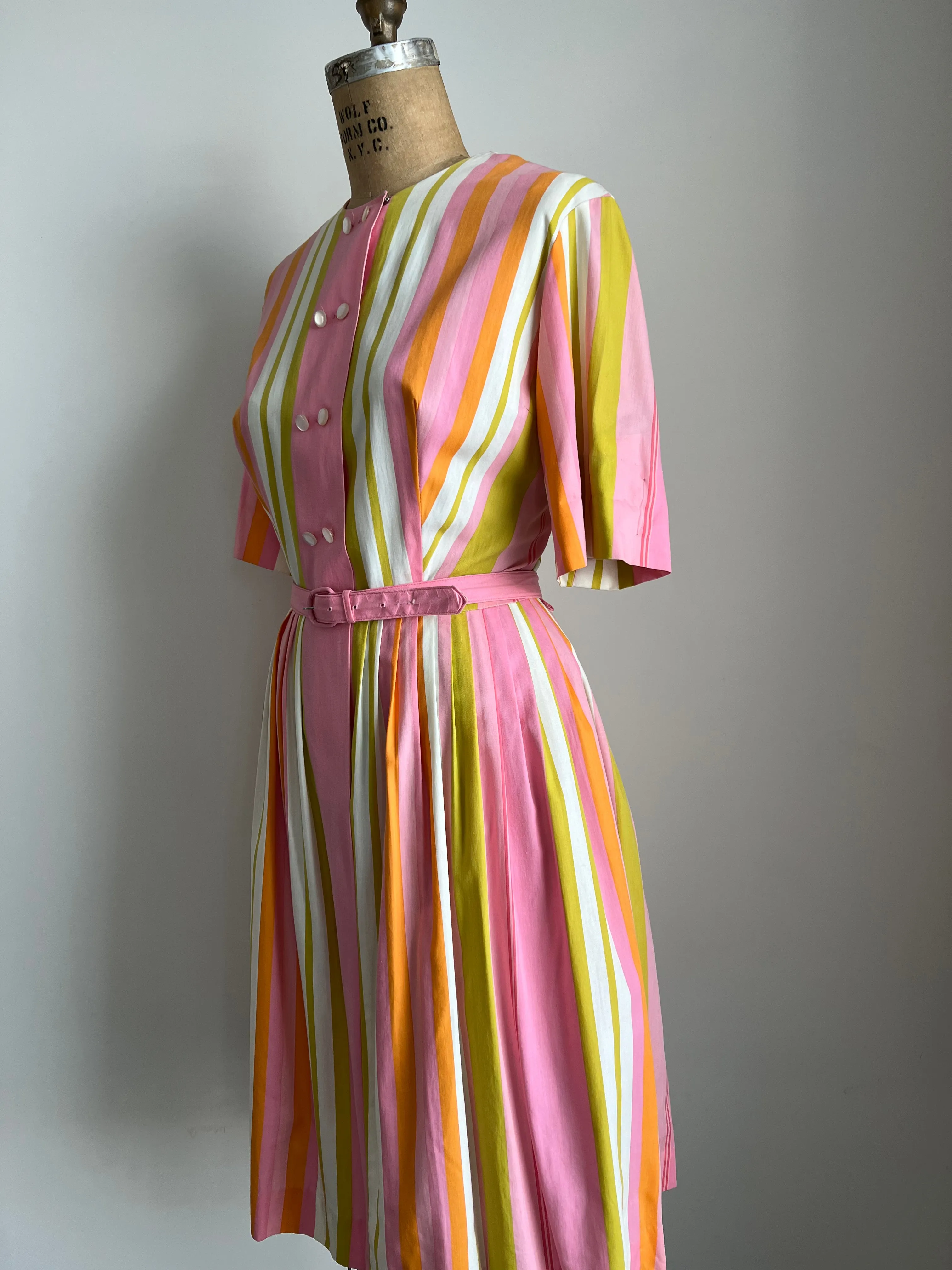 1950s Candy Striped Pink Midi Dress L/XL