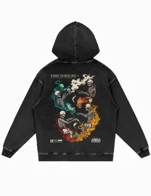 Acid Wash Streetwear Hoodie – Oversized Mode aus Baumwolle – Unisex Pullover - Schwarz - BURNING THE NIGHT AWAY
