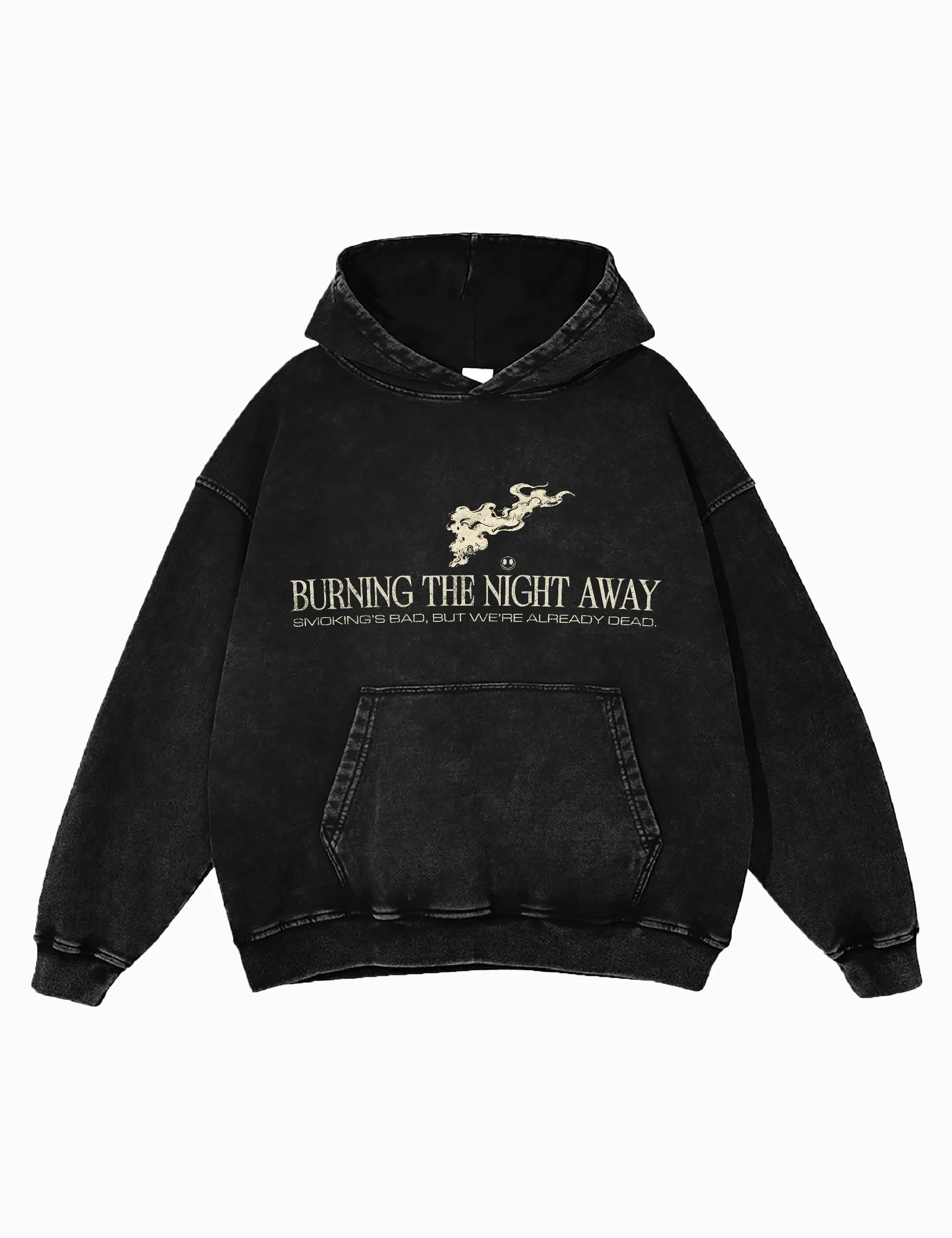 Acid Wash Streetwear Hoodie – Oversized Mode aus Baumwolle – Unisex Pullover - Schwarz - BURNING THE NIGHT AWAY