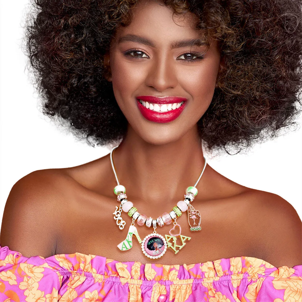 AKA Pink and Green Alpha Kappa Alpha Sorority Inspired Charm Necklace