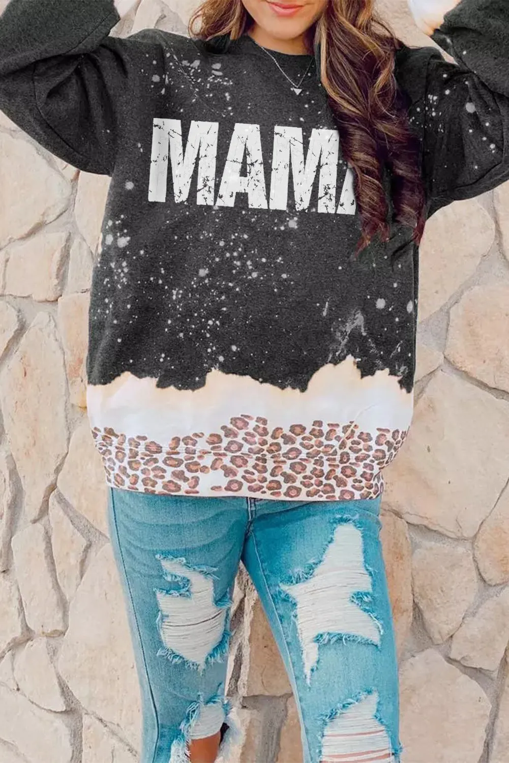 Black MAMA Bleached Leopard Trim Pullover Sweatshirt