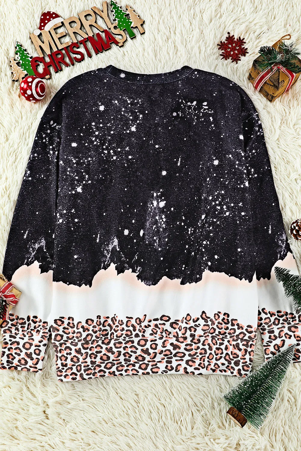 Black MAMA Bleached Leopard Trim Pullover Sweatshirt
