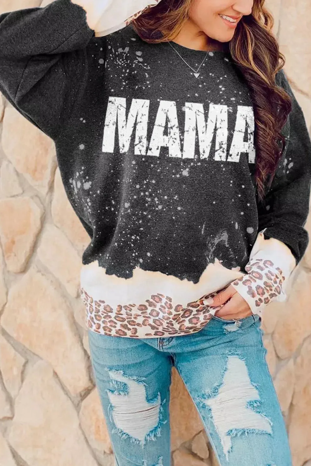 Black MAMA Bleached Leopard Trim Pullover Sweatshirt