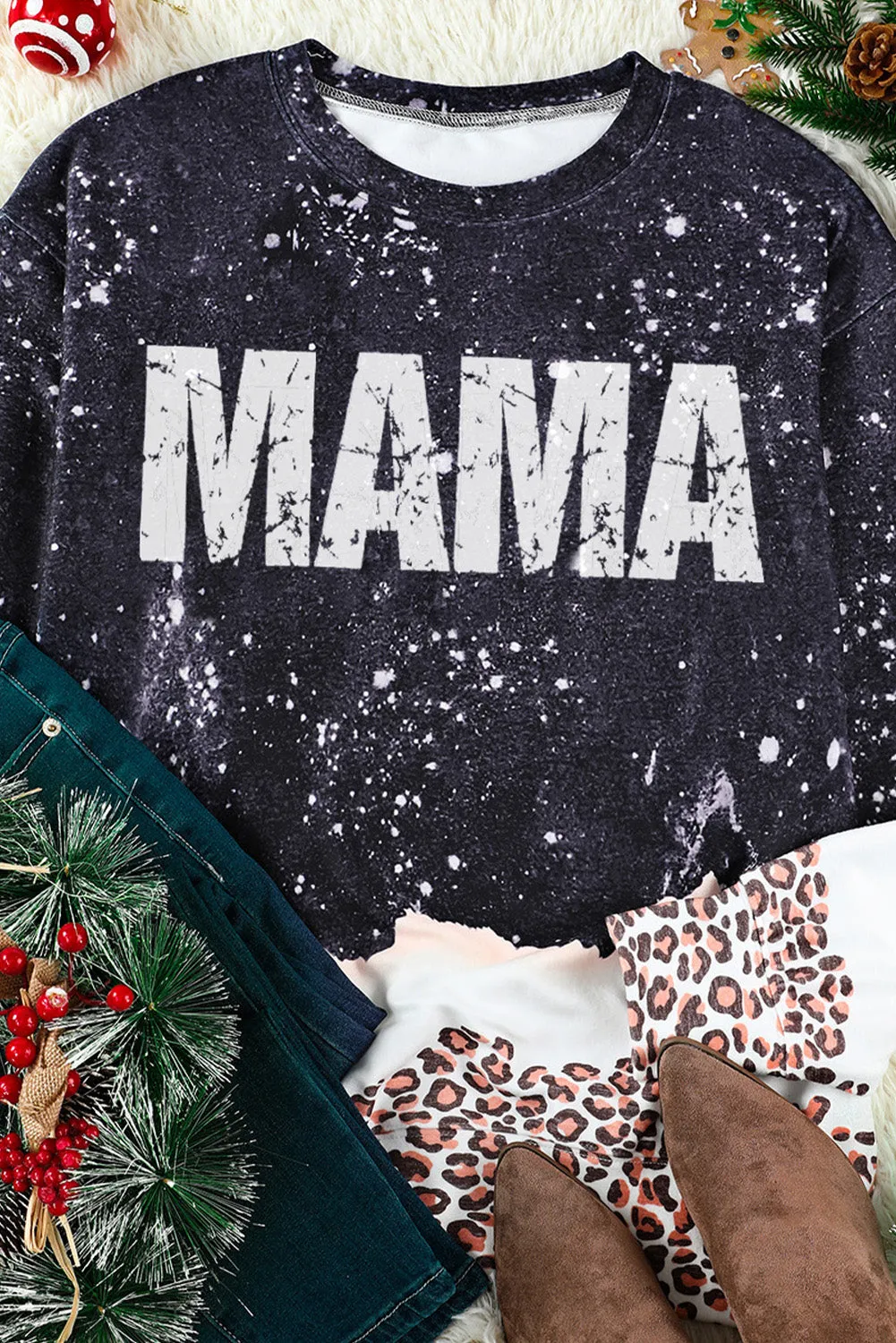 Black MAMA Bleached Leopard Trim Pullover Sweatshirt