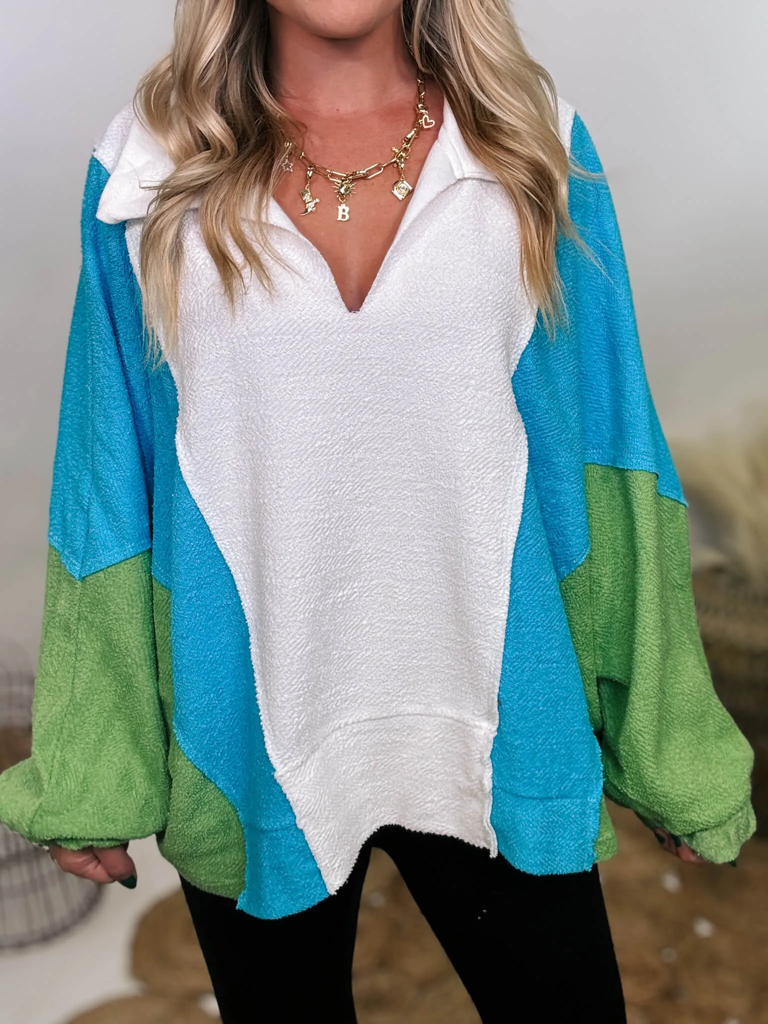 Blue, Green and White Reverse French Terry Oversized Pullover
