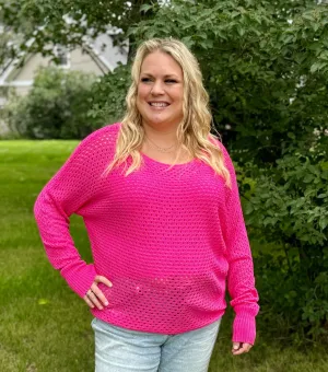 Curvy Hot Pink Open Knit Long Sleeve Top