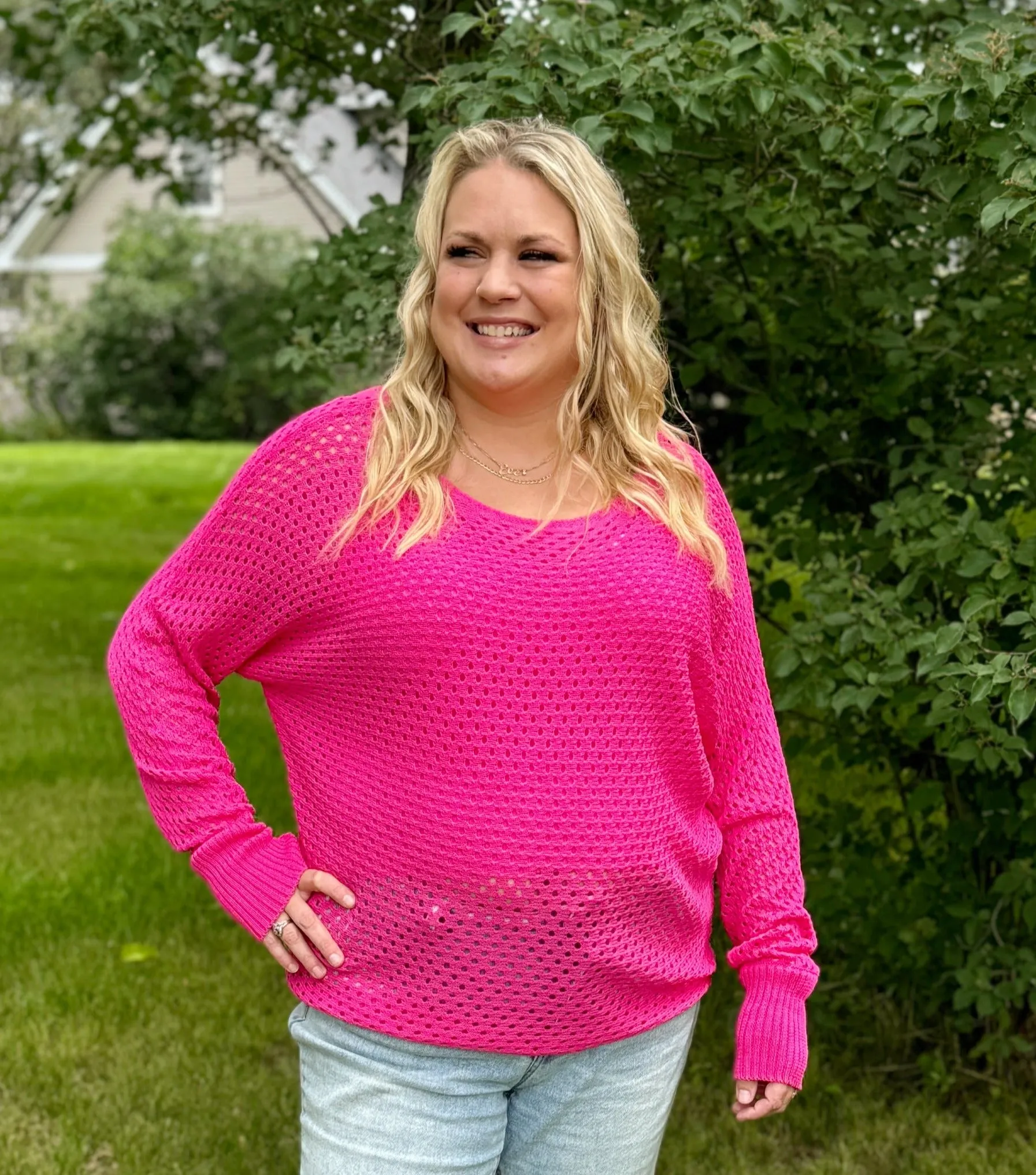 Curvy Hot Pink Open Knit Long Sleeve Top