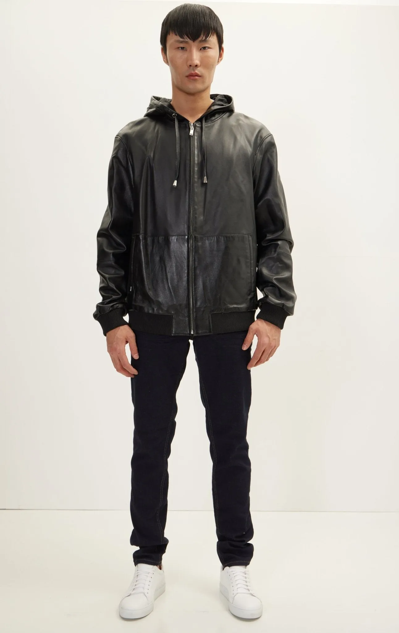 Genuine Leather Hooded Sweatshirt - Black