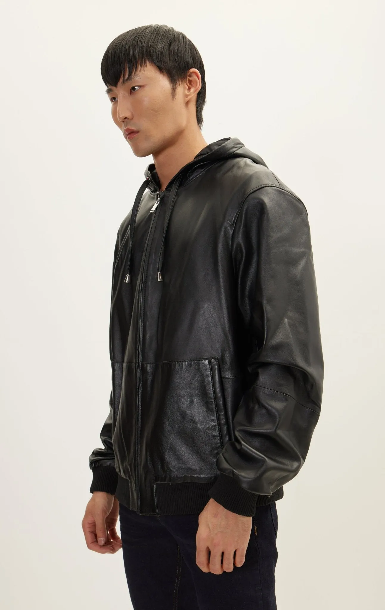 Genuine Leather Hooded Sweatshirt - Black