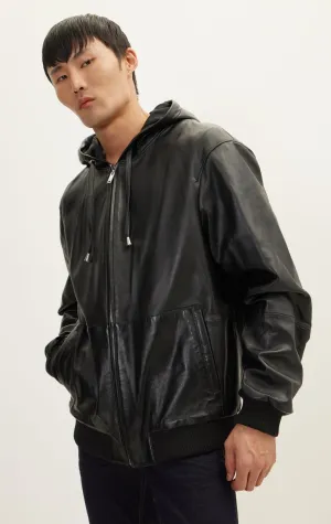Genuine Leather Hooded Sweatshirt - Black