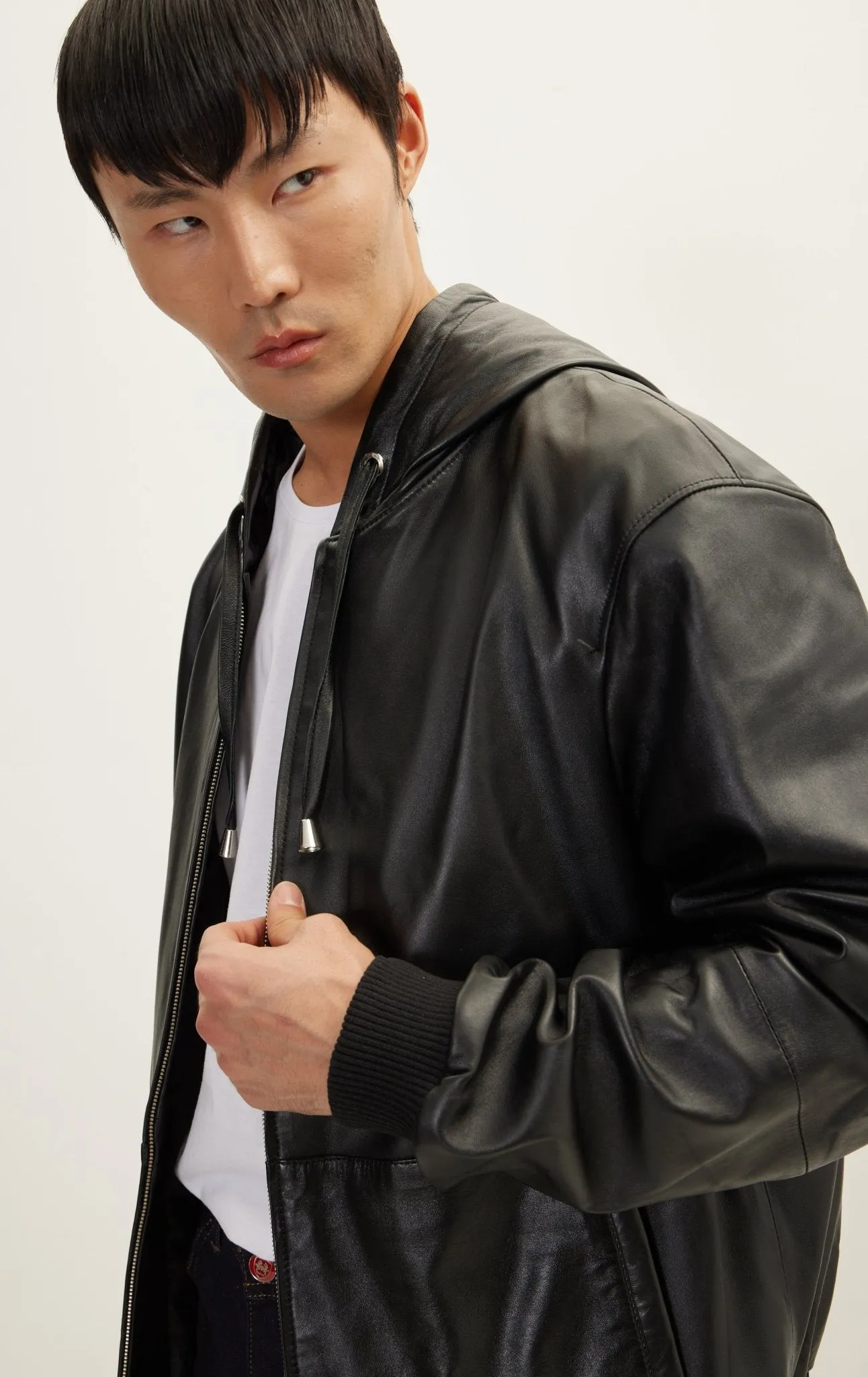 Genuine Leather Hooded Sweatshirt - Black
