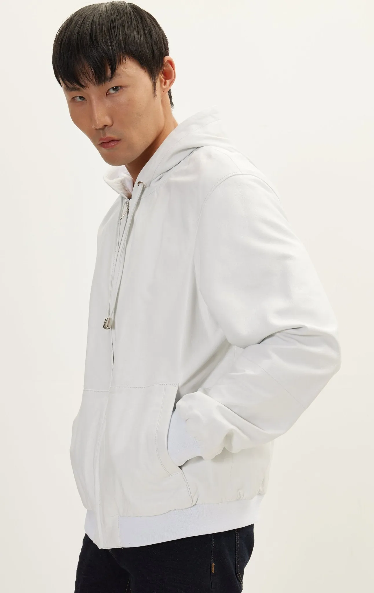 Genuine Leather Hooded Sweatshirt - Ecru