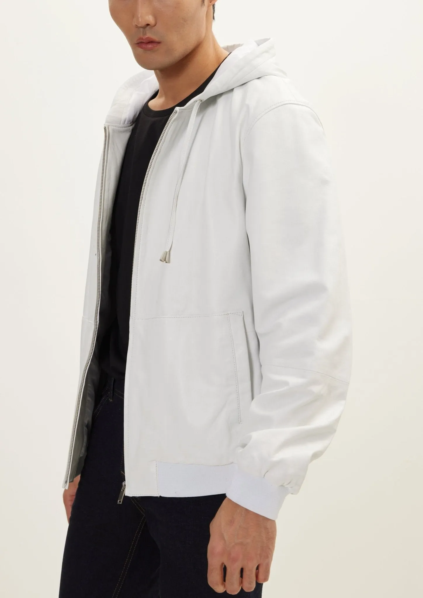 Genuine Leather Hooded Sweatshirt - Ecru