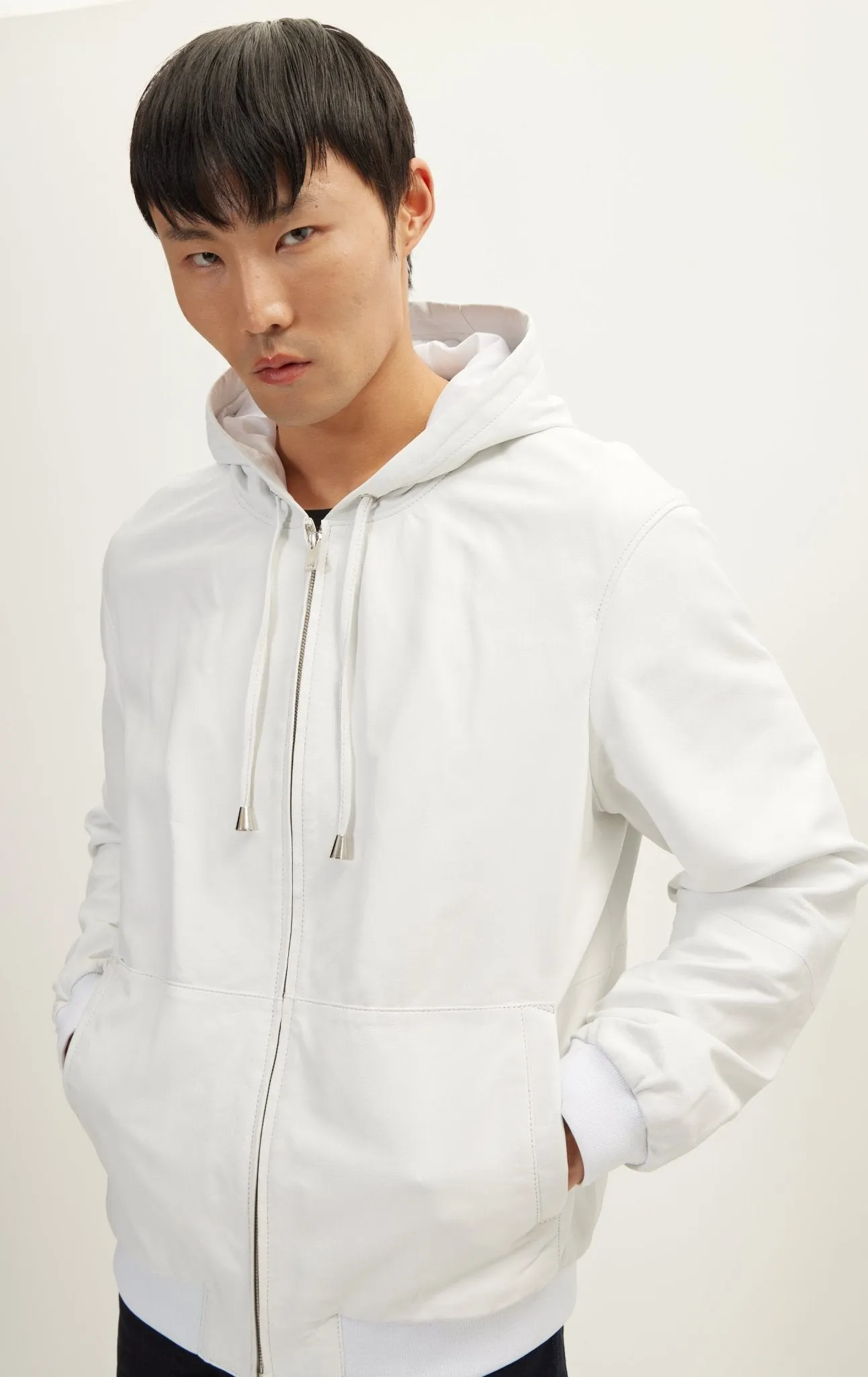 Genuine Leather Hooded Sweatshirt - Ecru