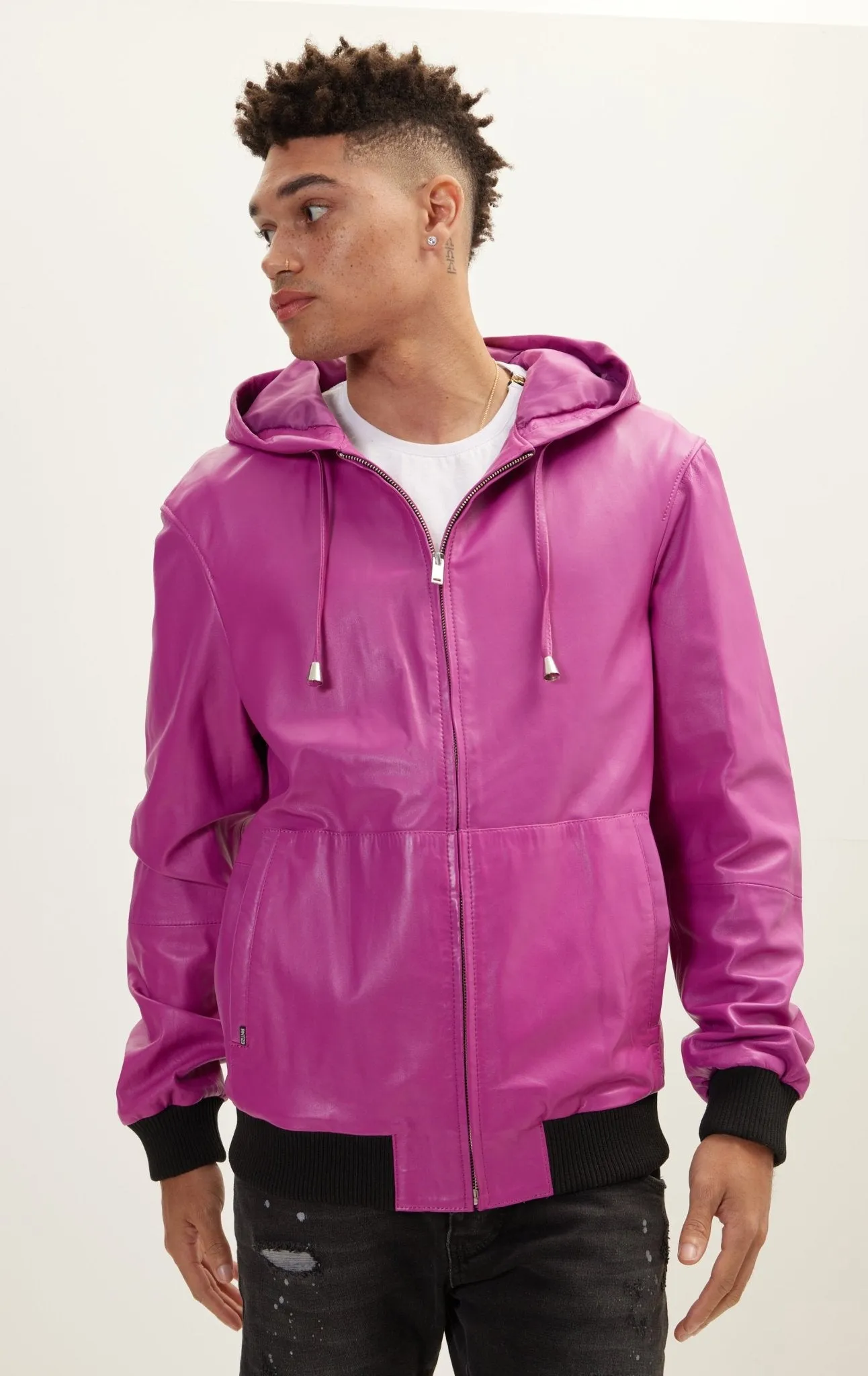 Genuine Leather Hooded Sweatshirt - Fuchsia