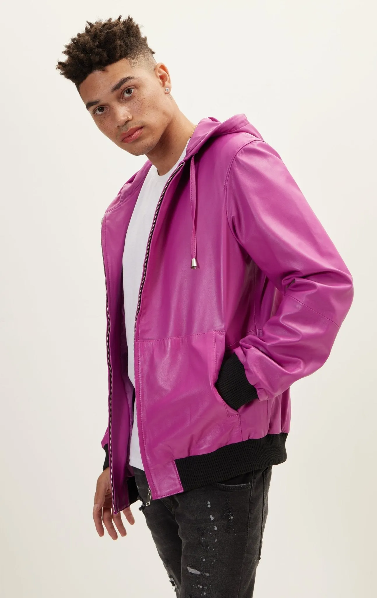 Genuine Leather Hooded Sweatshirt - Fuchsia