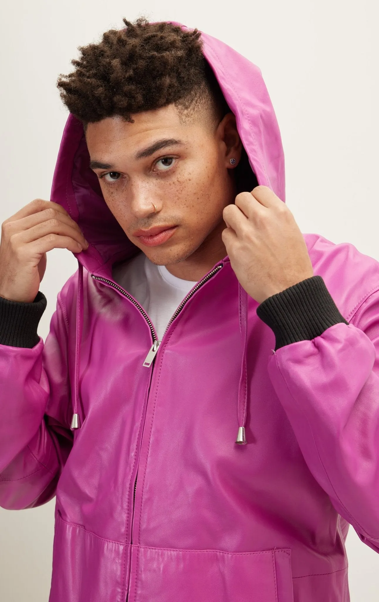 Genuine Leather Hooded Sweatshirt - Fuchsia