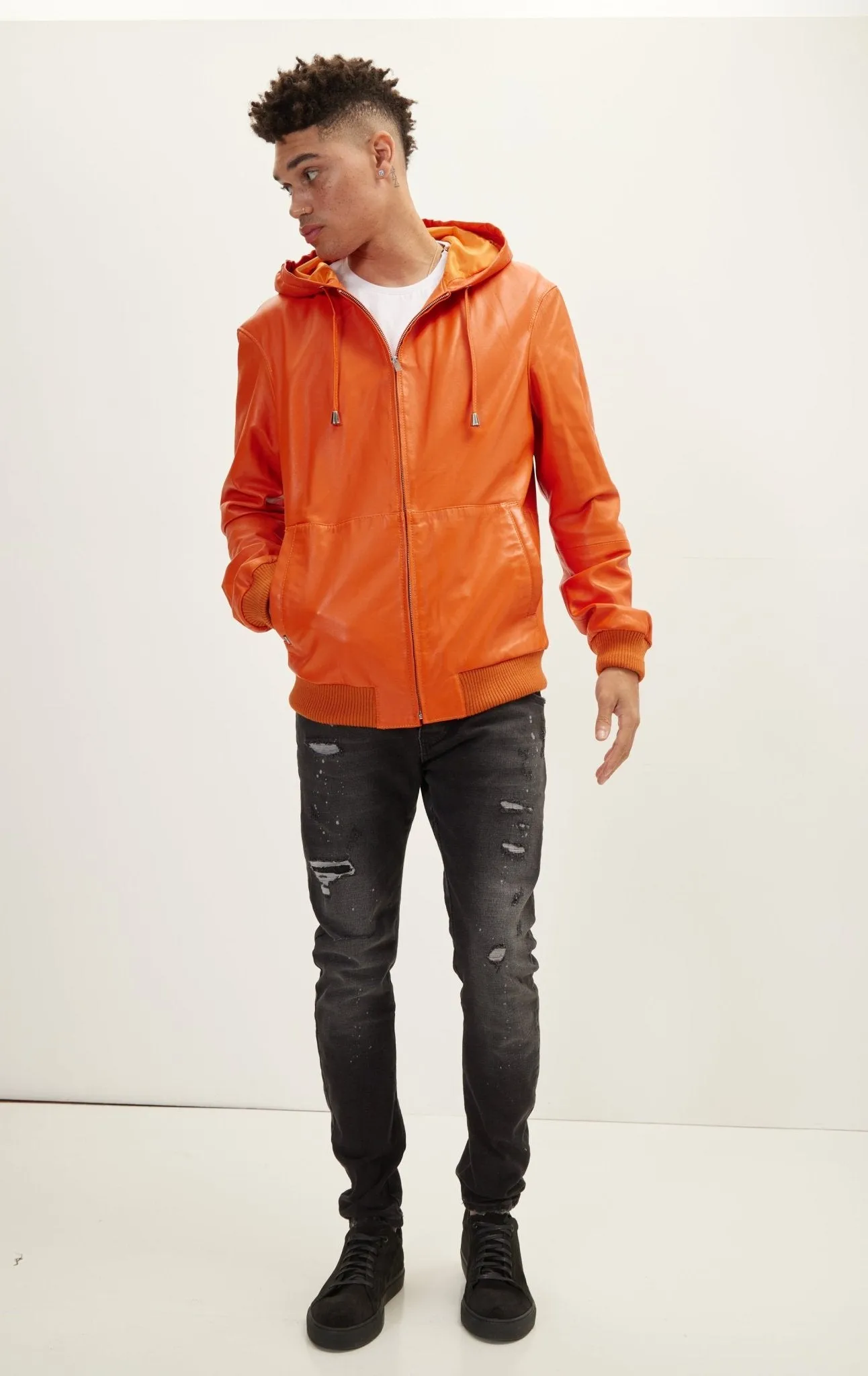 Genuine Leather Hooded Sweatshirt - Orange
