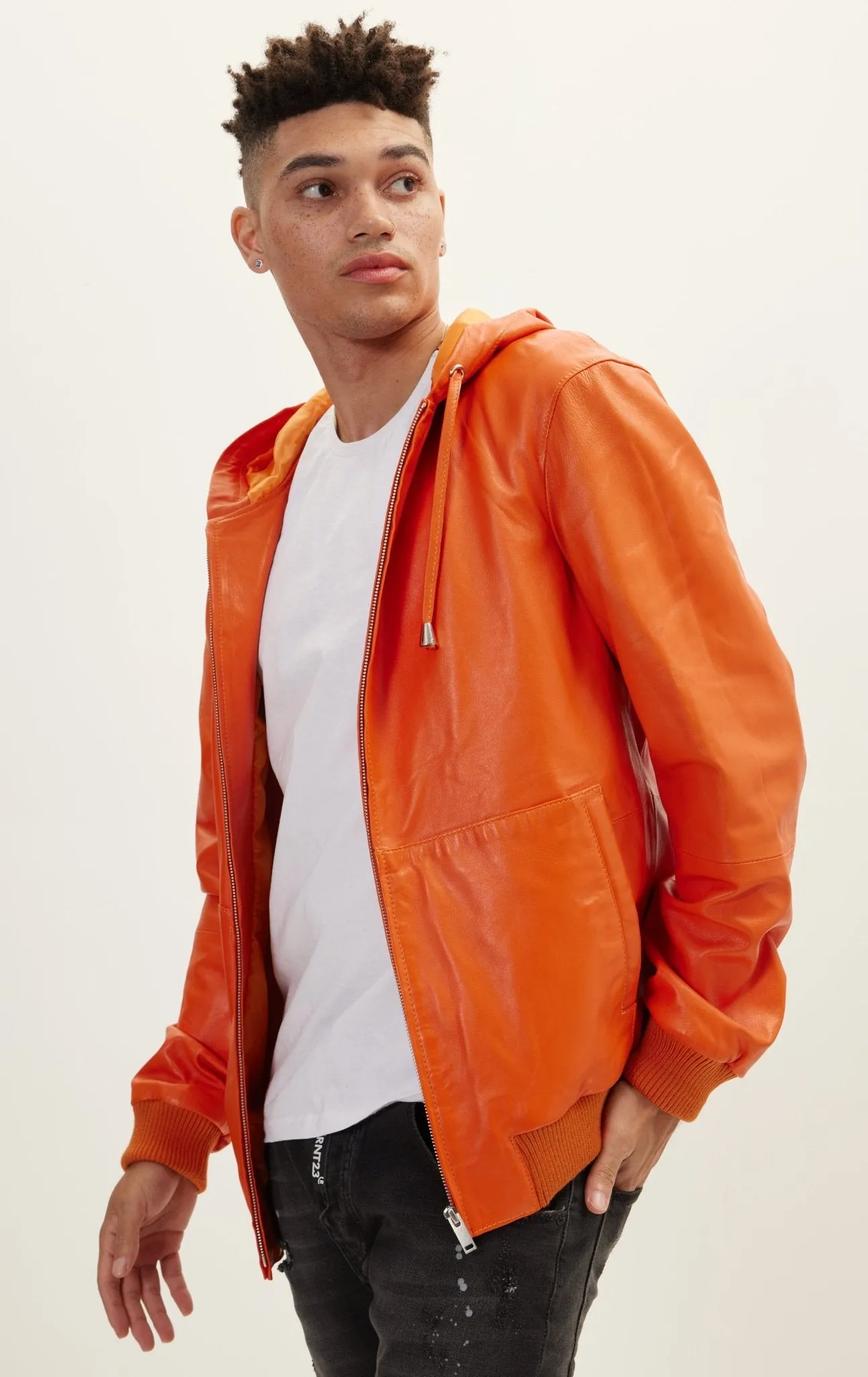 Genuine Leather Hooded Sweatshirt - Orange