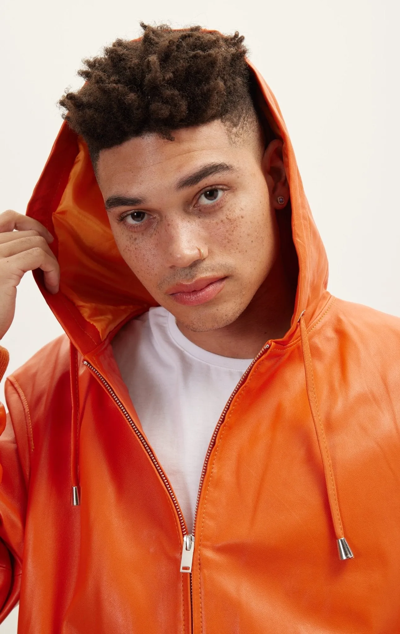 Genuine Leather Hooded Sweatshirt - Orange