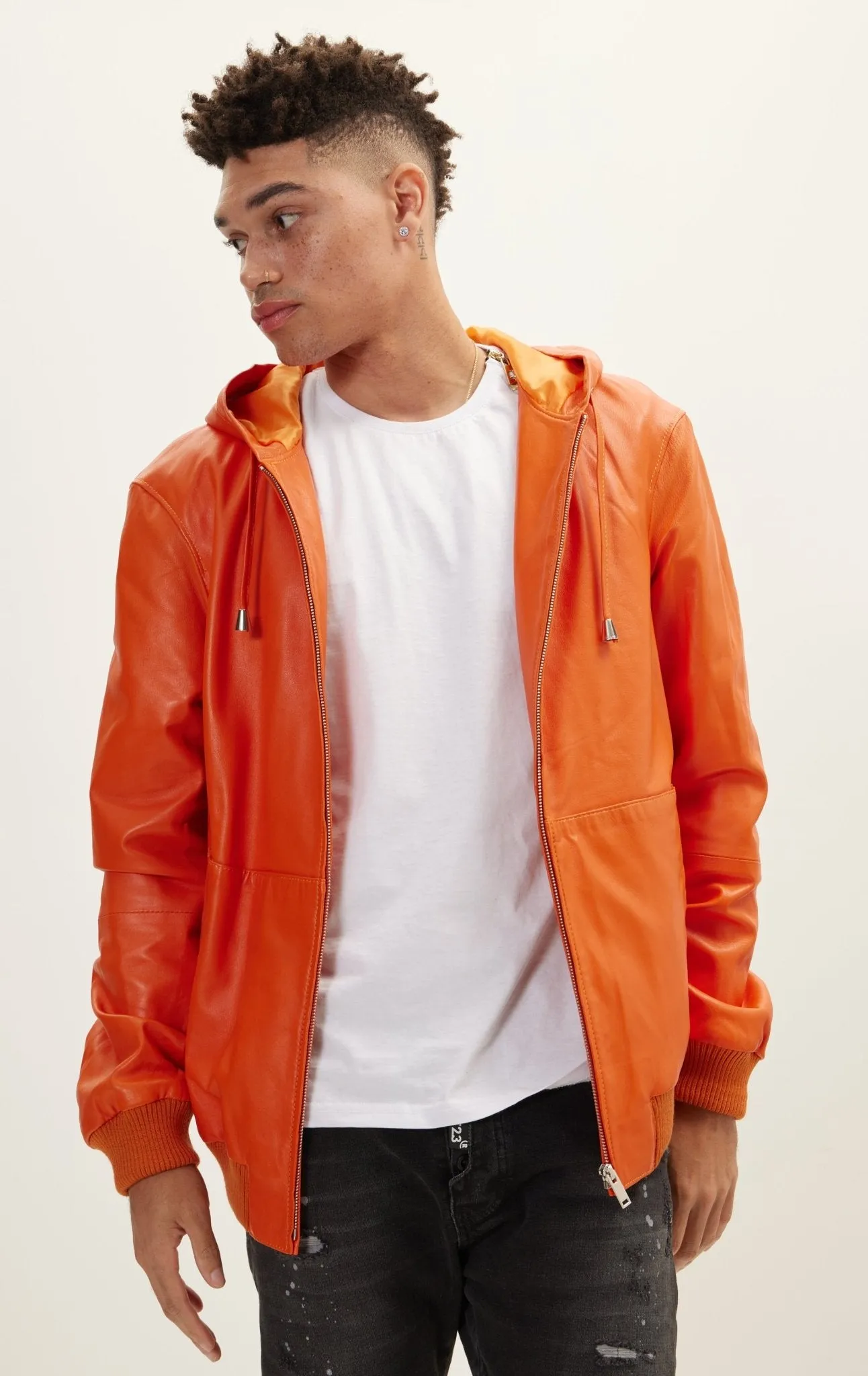 Genuine Leather Hooded Sweatshirt - Orange