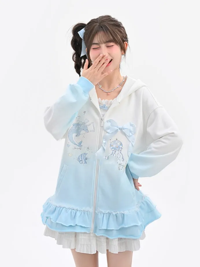 Gradient Blue & White Jellyfish and Dolphin Print Ruffled Trim Zip Closure Hoodie
