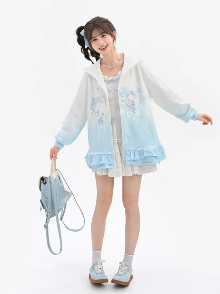 Gradient Blue & White Jellyfish and Dolphin Print Ruffled Trim Zip Closure Hoodie