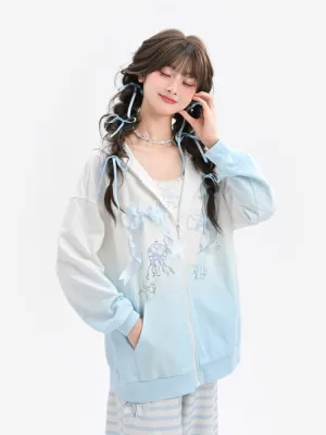 Gradient Blue & White Jellyfish and Dolphin Print Zip Closure Hoodie