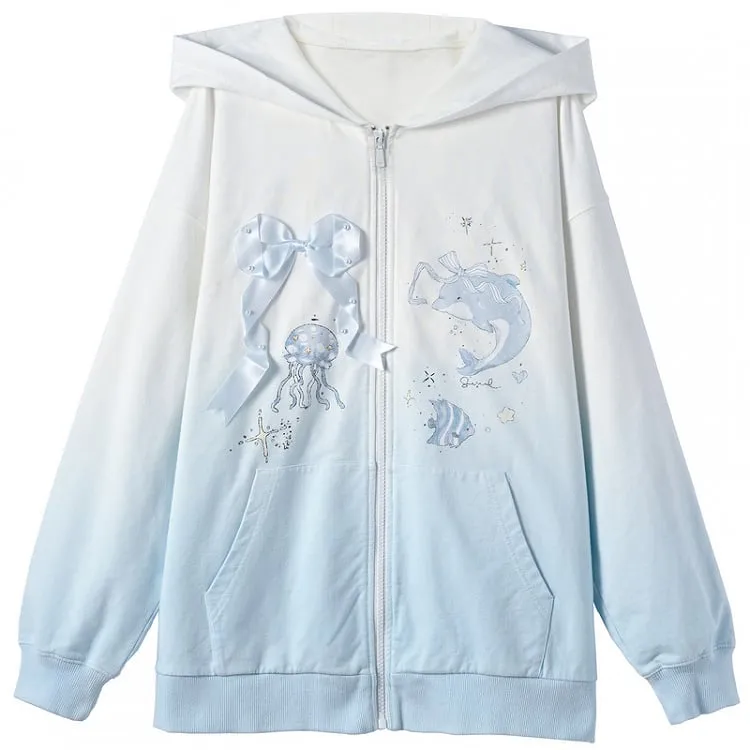 Gradient Blue & White Jellyfish and Dolphin Print Zip Closure Hoodie