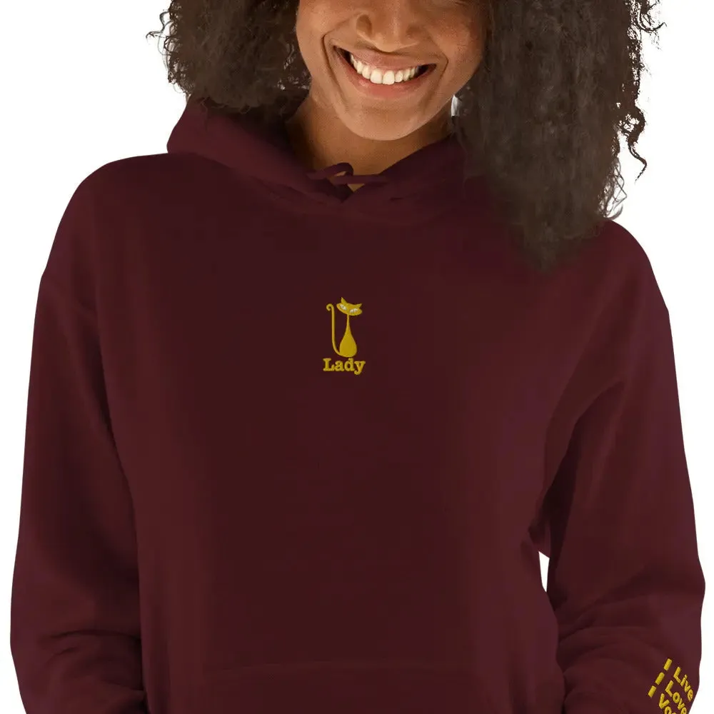 hoodie "Cat Lady" - "I Live, I Love, I Vote" Navy-gold embroidery