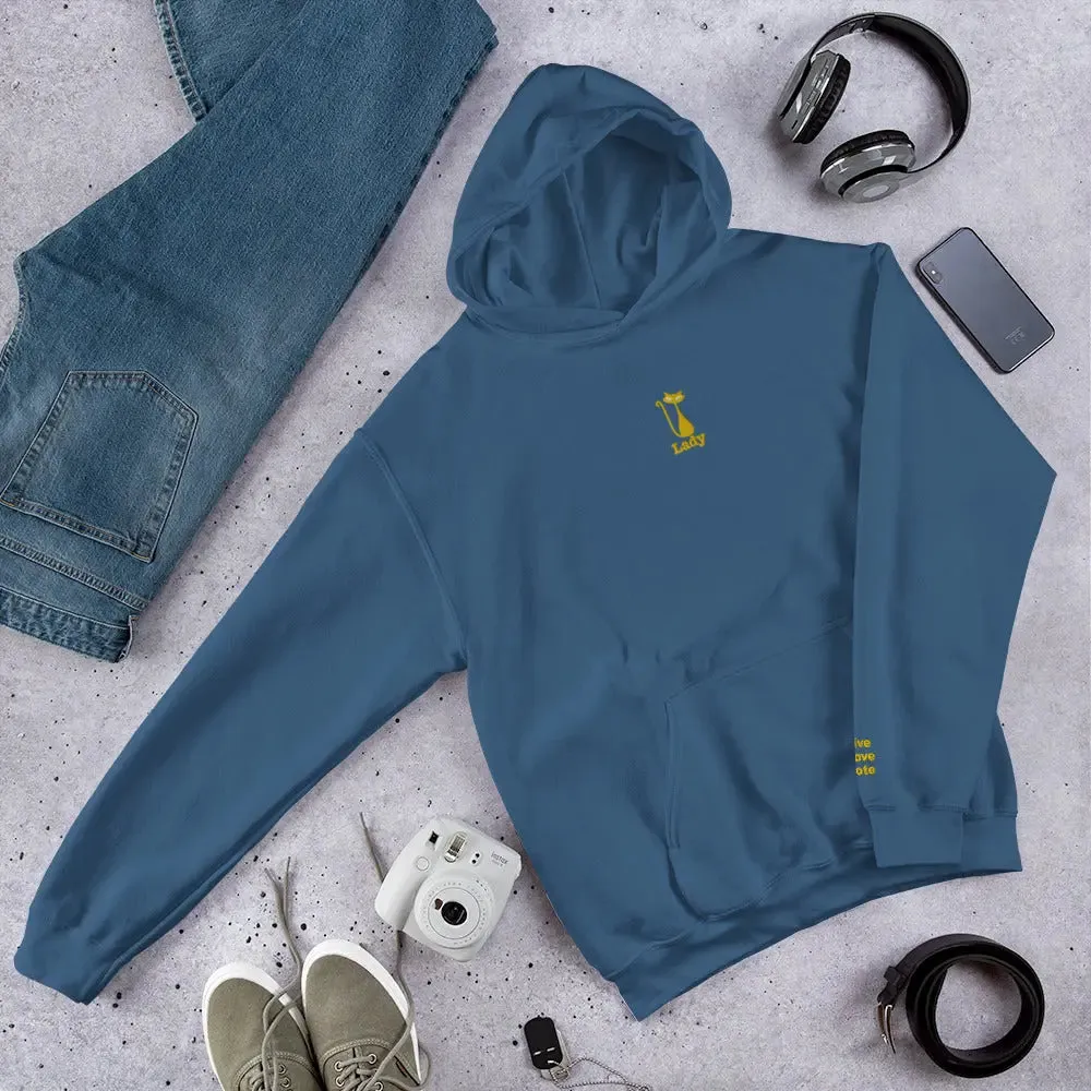 hoodie "Cat Lady" - "I Live, I Love, I Vote" Navy-gold embroidery