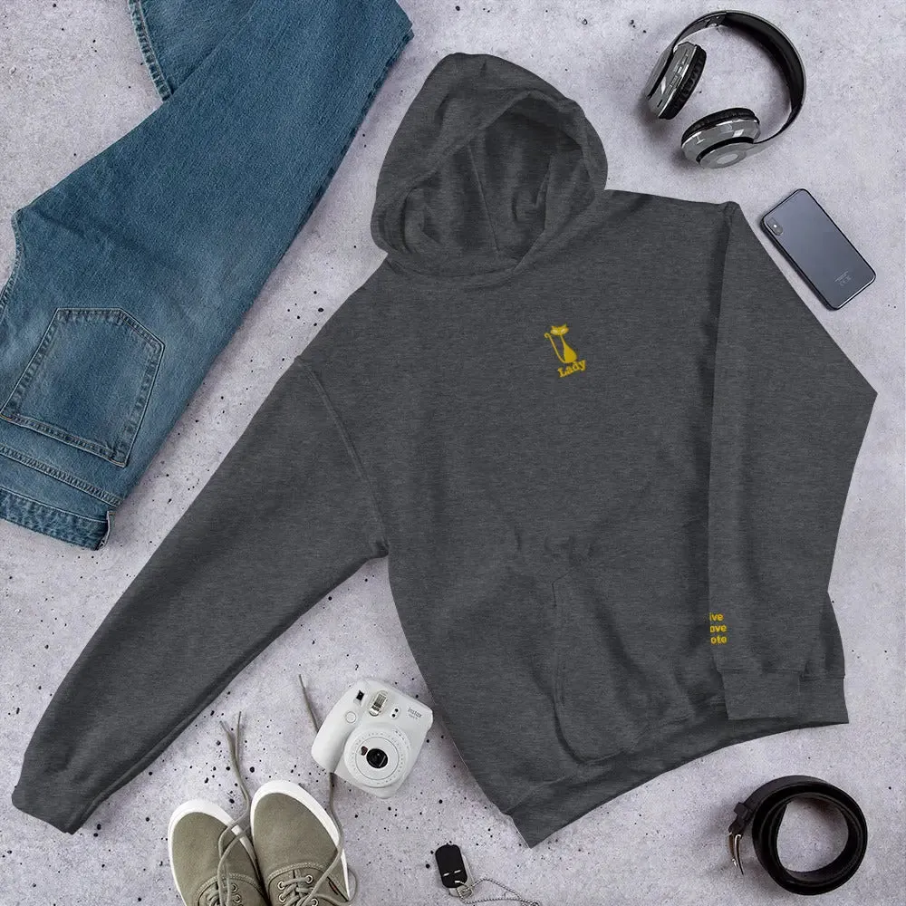 hoodie "Cat Lady" - "I Live, I Love, I Vote" Navy-gold embroidery
