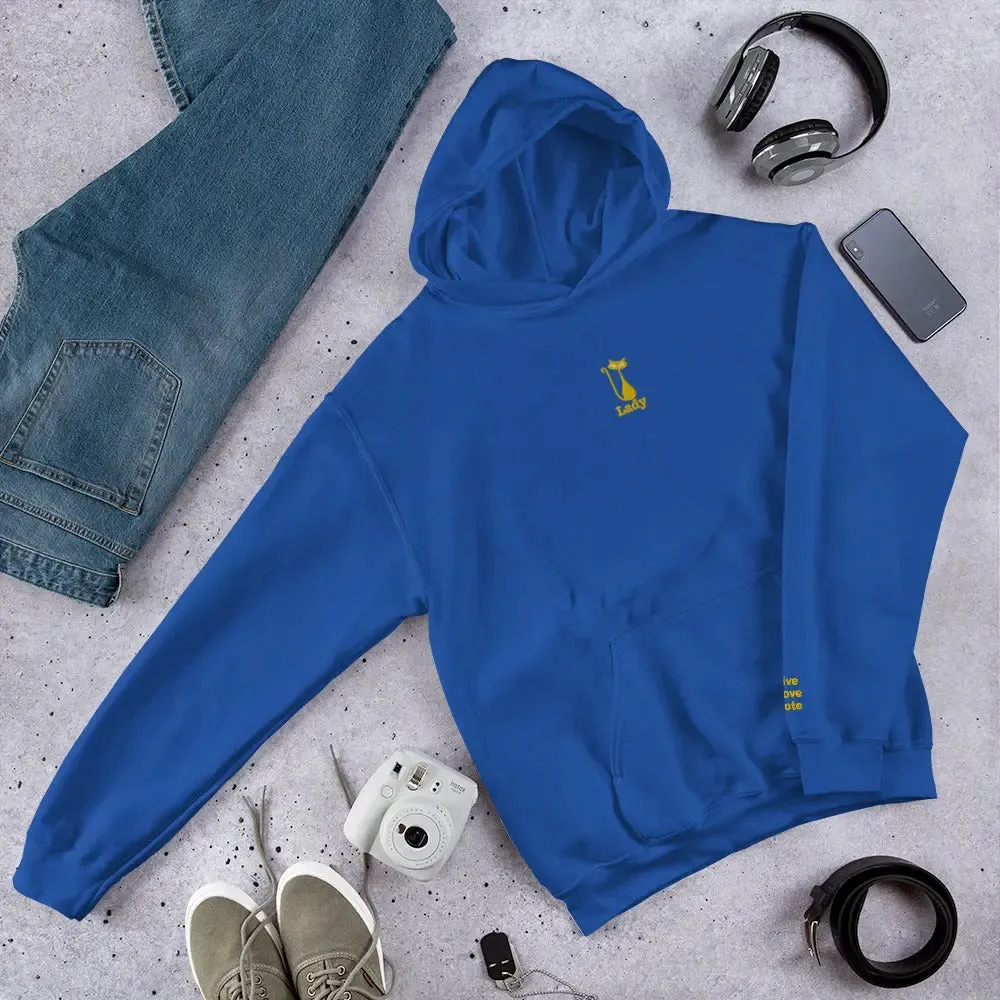 hoodie "Cat Lady" - "I Live, I Love, I Vote" Navy-gold embroidery