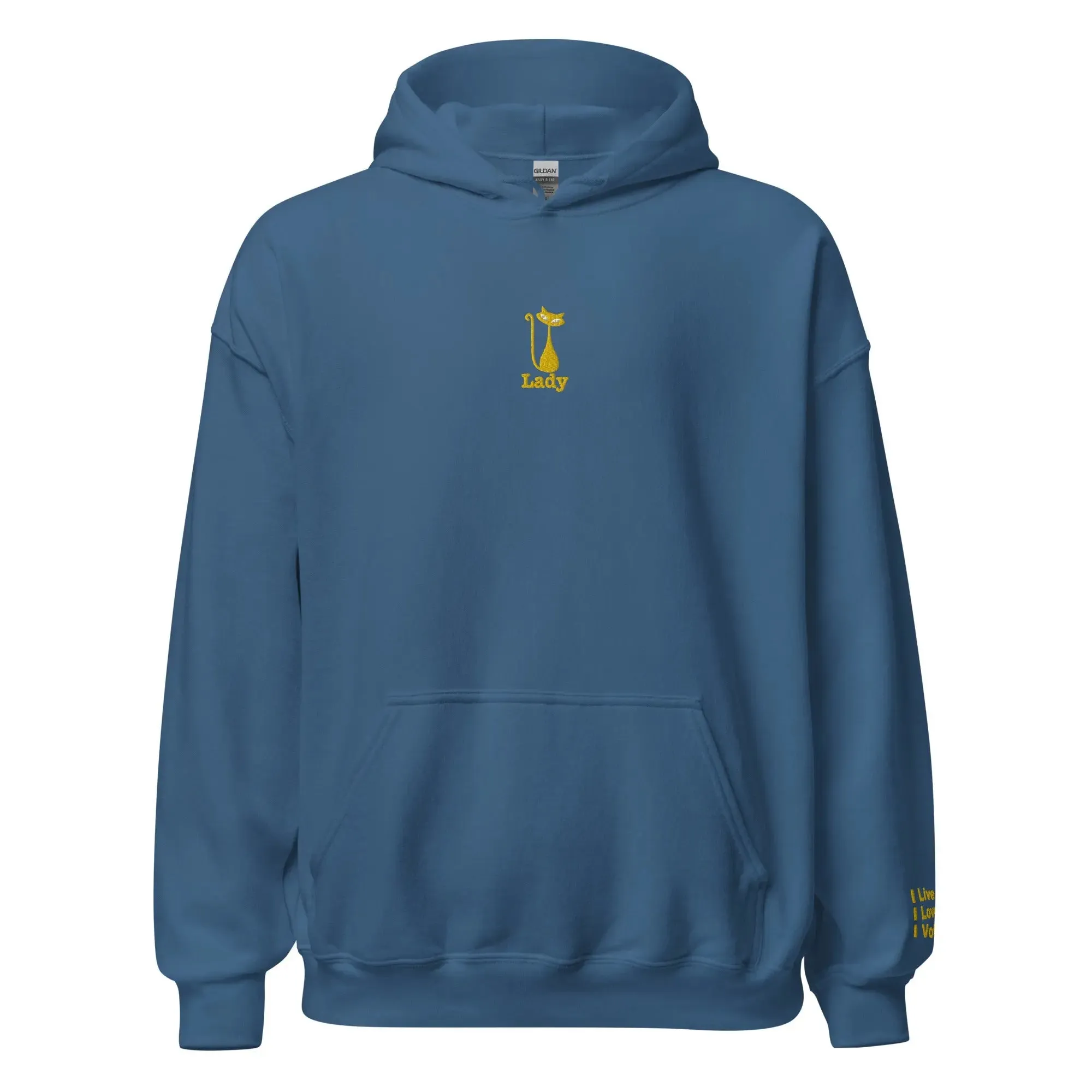 hoodie "Cat Lady" - "I Live, I Love, I Vote" Navy-gold embroidery