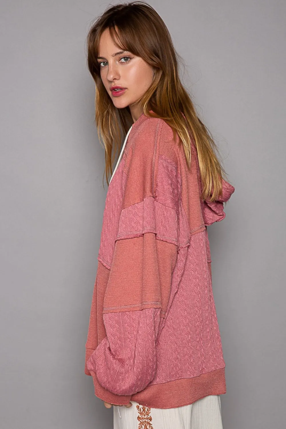 Hot Girl Exposed Seam Knit Hoodie In Coral Red