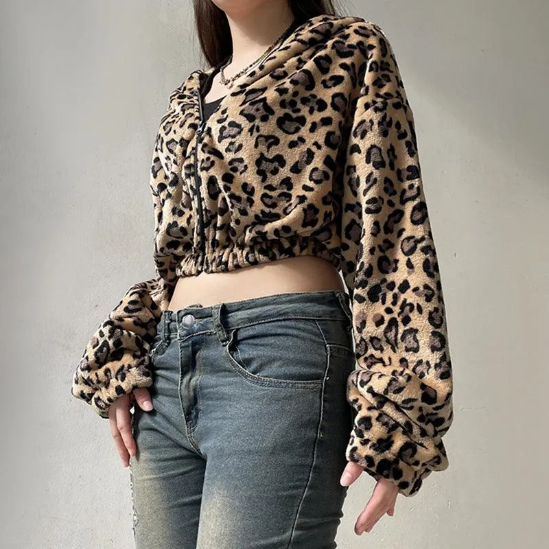 Leopard Print Faux Fur Zip-Up Hoodie