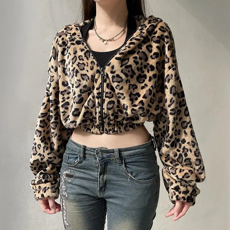 Leopard Print Faux Fur Zip-Up Hoodie