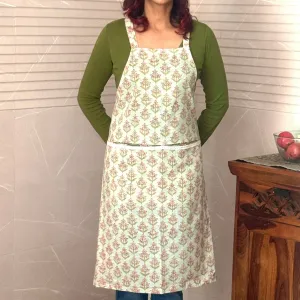 Mint Green Sanganeri Floral Block-Print Apron with Front Pockets | Cotton