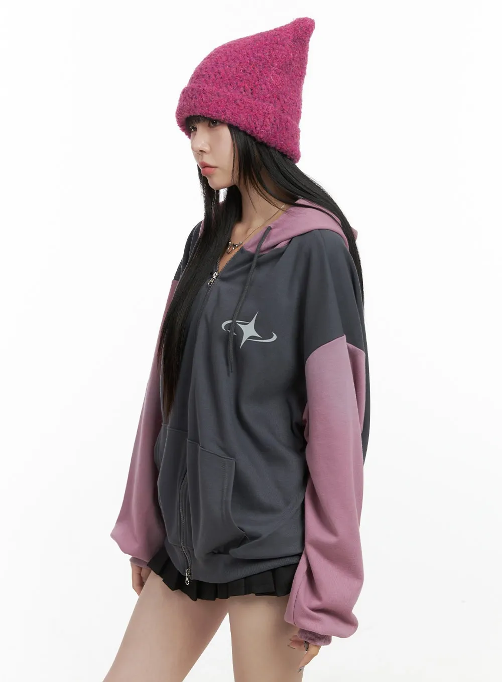 Mixed Color Oversized Zip-Up Hoodie OO401