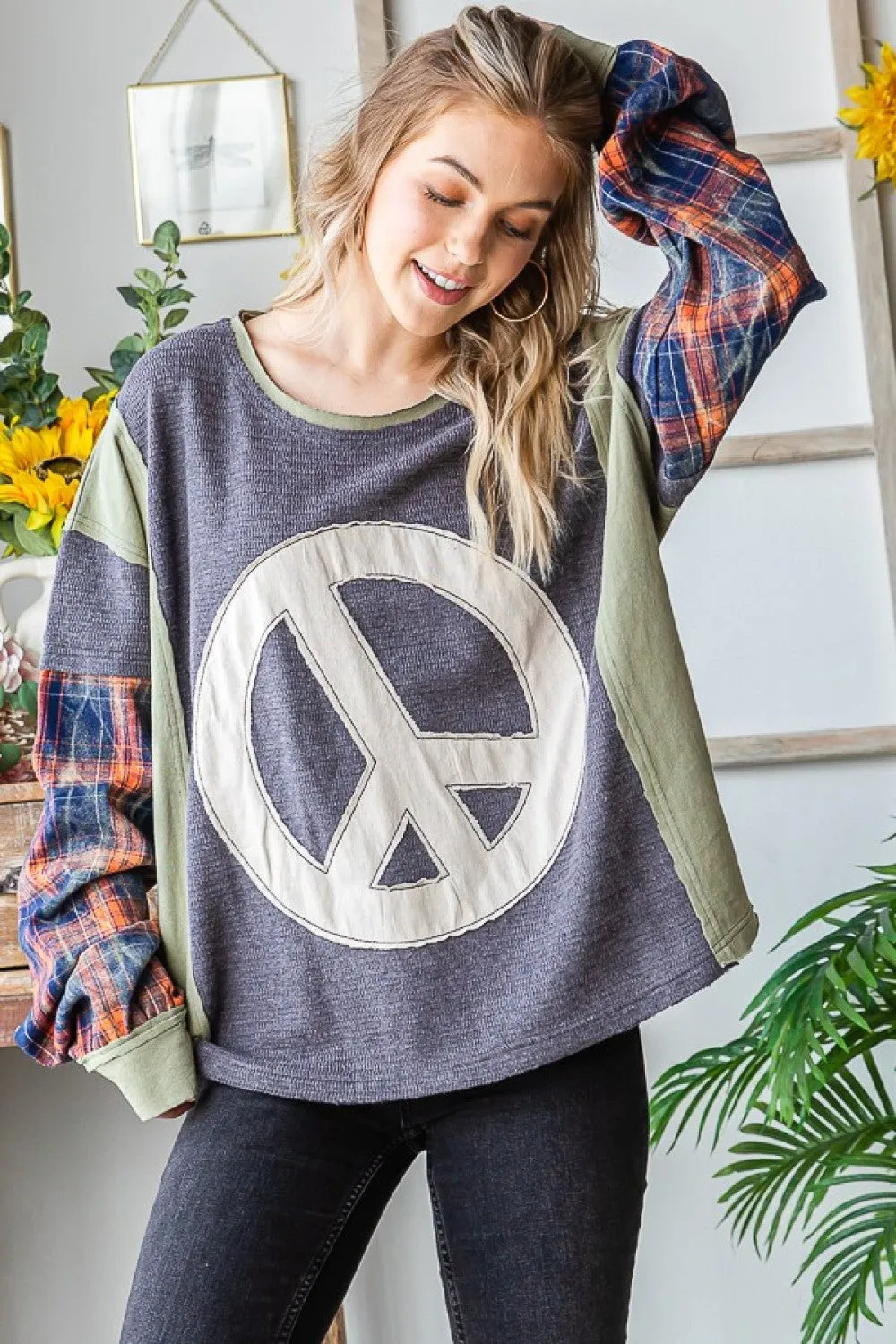Peace Plaid Sleeve Pullover
