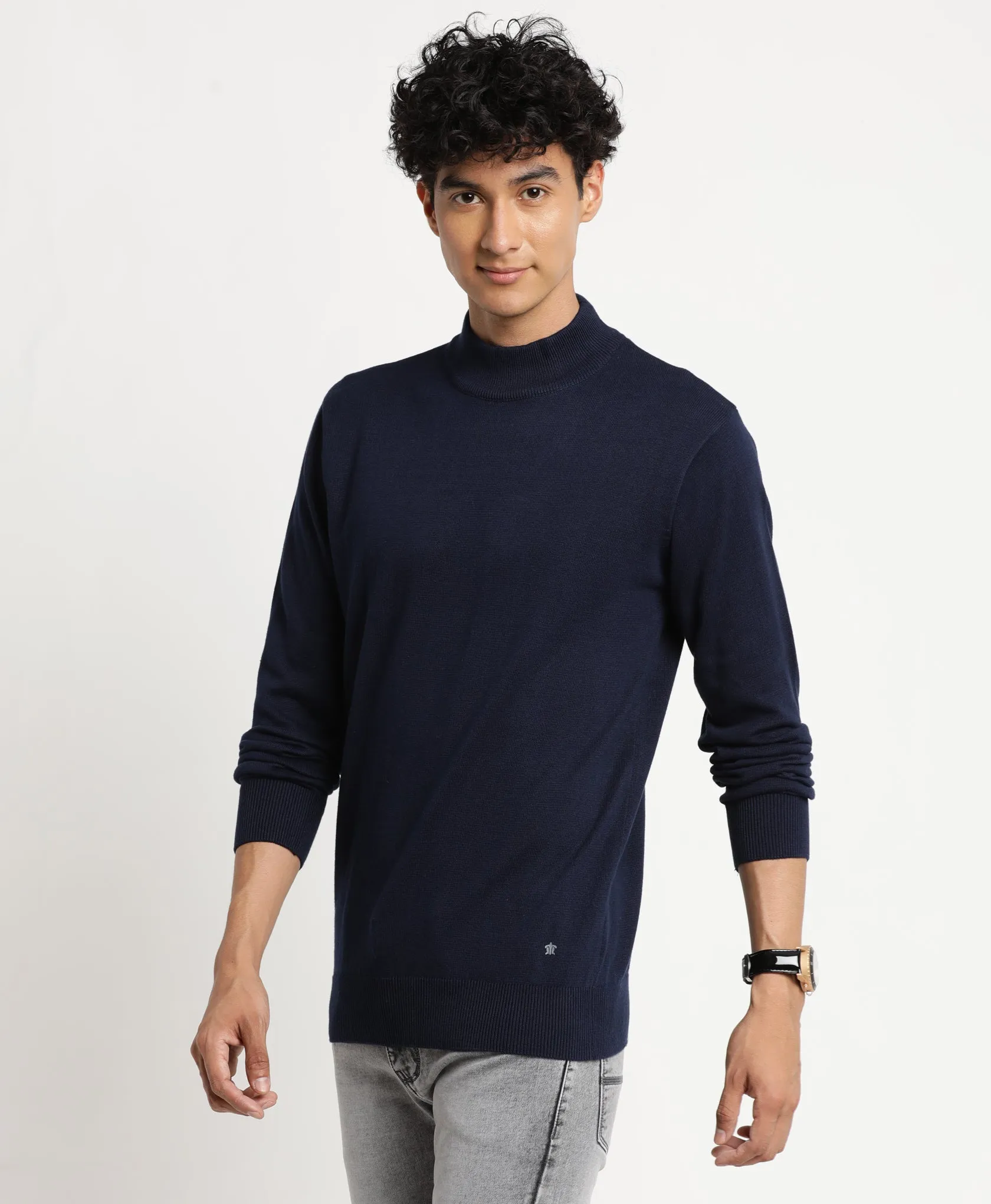 Turtle Men Navy Blue Solid Turtle Neck PullOver