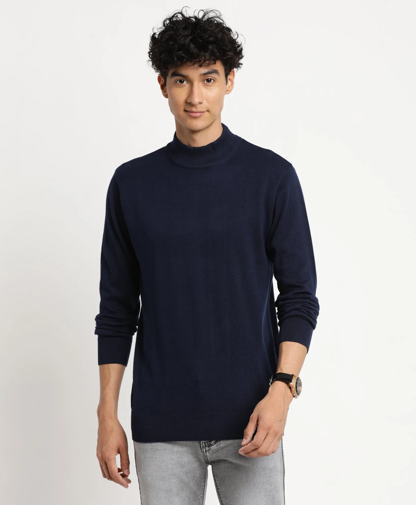 Turtle Men Navy Blue Solid Turtle Neck PullOver