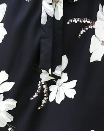 White Tulip Print Flowy Black Maxi Dress | Black