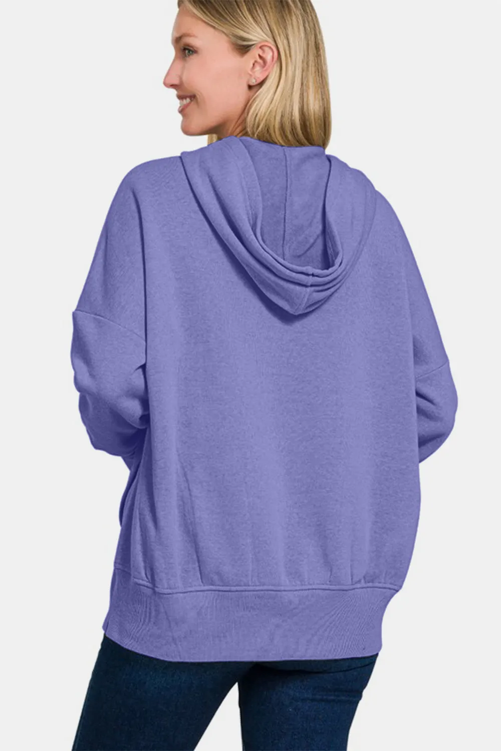 Zenana Hoodie Half Snap Blue Purple Hooded Long Sleeve with Kangaroo Pocket