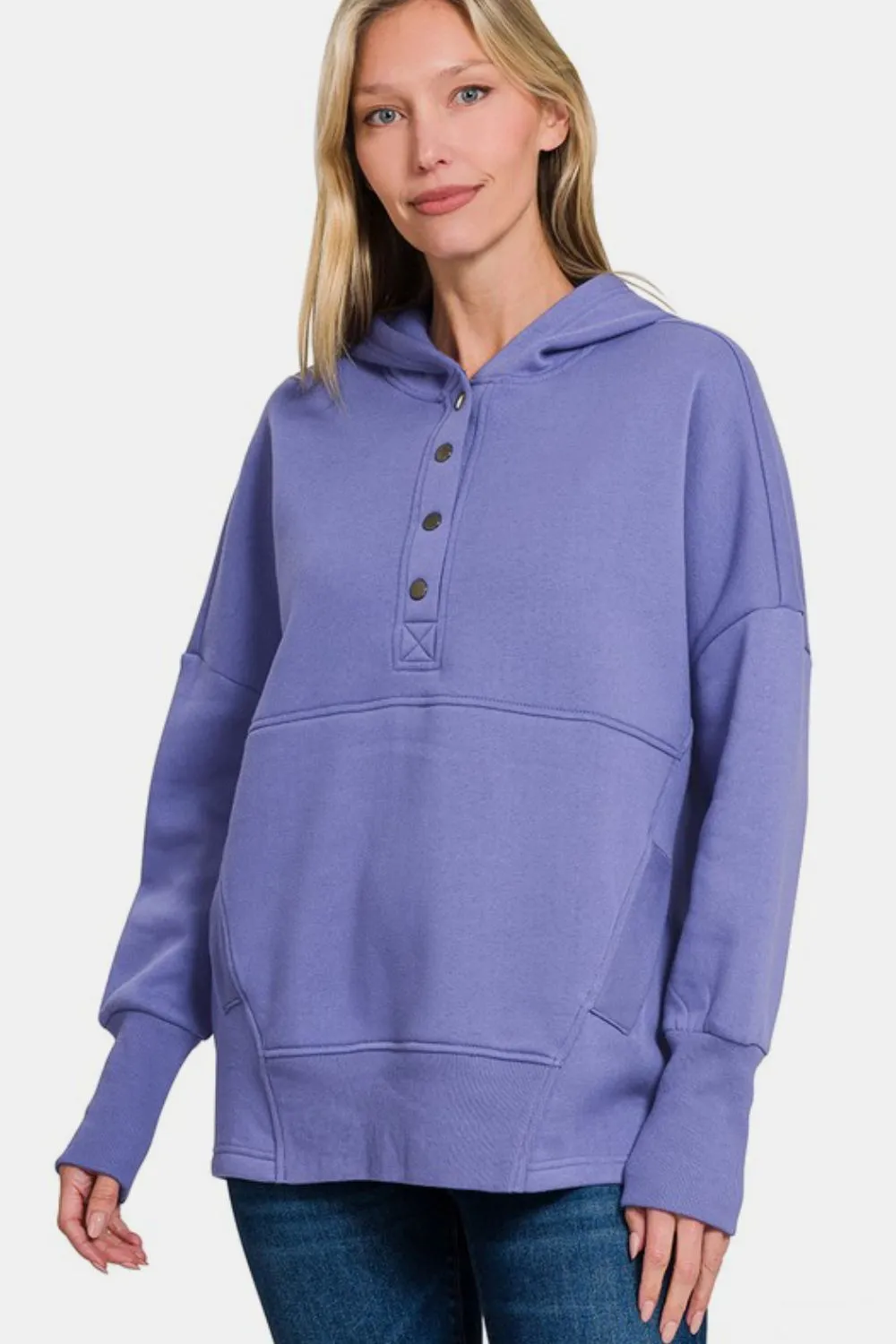 Zenana Hoodie Half Snap Blue Purple Hooded Long Sleeve with Kangaroo Pocket
